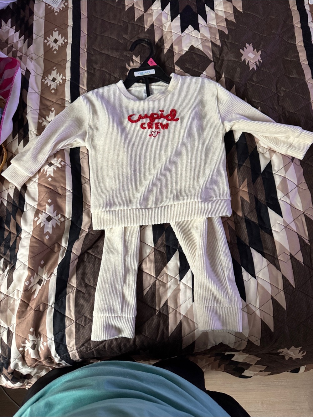 Carter's Cream Ribbed 'Cupid Crew' Sweater & Pants Set with Red Embroidery